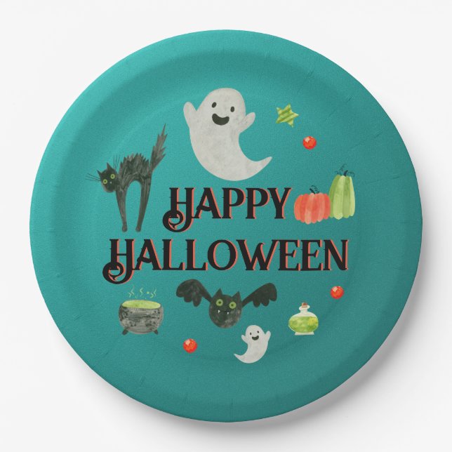 Halloween Party Teal and Green Paper Plates (Front)