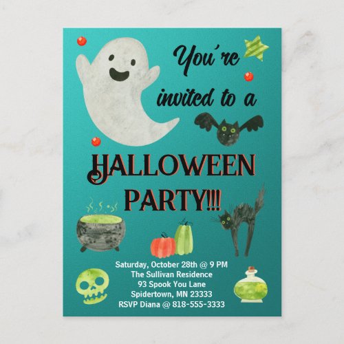 Halloween Party Teal and Green Postcard
