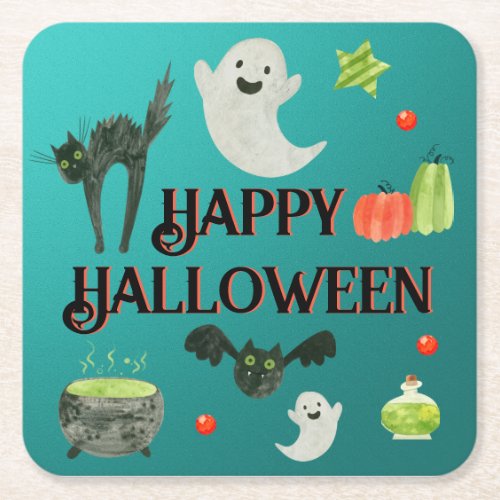 Halloween Party Teal and Green Square Paper Coaster