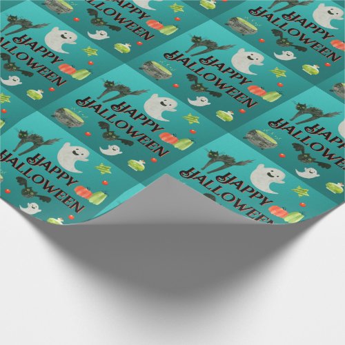 Halloween Party Teal and Green Wrapping Paper