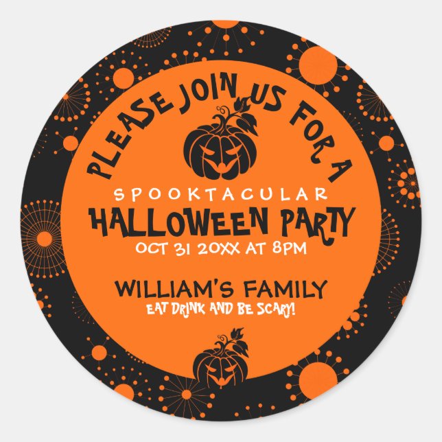 Halloween Party Template Modern Orang Circles Classic Round Sticker (Front)
