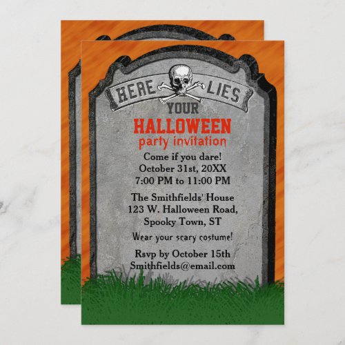 Halloween Party  Tombstone Grave Skull Crossbones Invitation