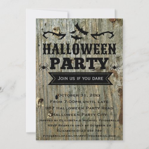 Halloween Party Typography on Printed Wood Effect Invitation