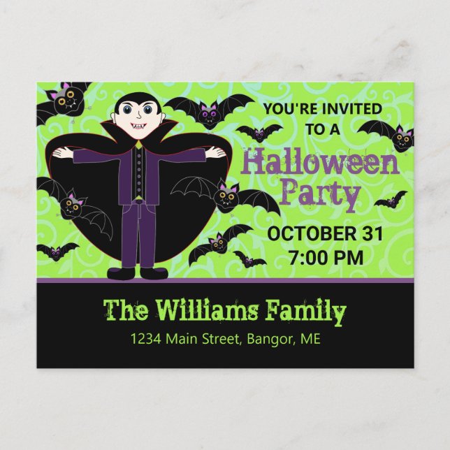 Halloween Party Vampire with Bats Invitation Postcard (Front)