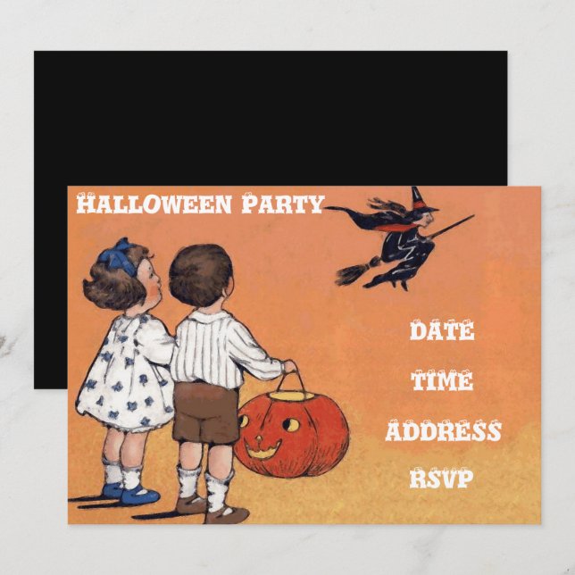 Halloween party vintage children with witch invitation (Front/Back)