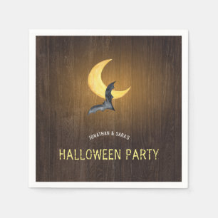 Halloween Party, Watercolor Bat & Moon, Rustic Paper Napkins