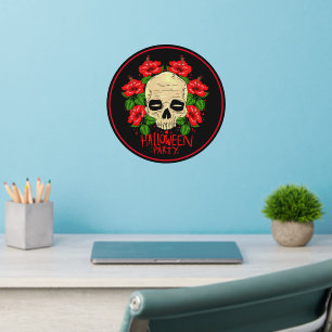Halloween Party White Skull Red Flowers on 12" sq Wall Decal