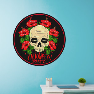 Halloween Party White Skull Red Flowers on 36" sq Wall Decal