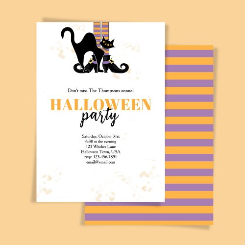 Halloween Party Witch Black Cat Whimsical Invitation
