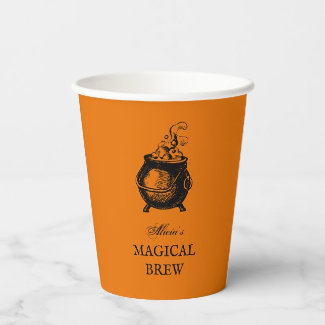 Halloween party witch brew funny orange cauldron paper cups (Back)