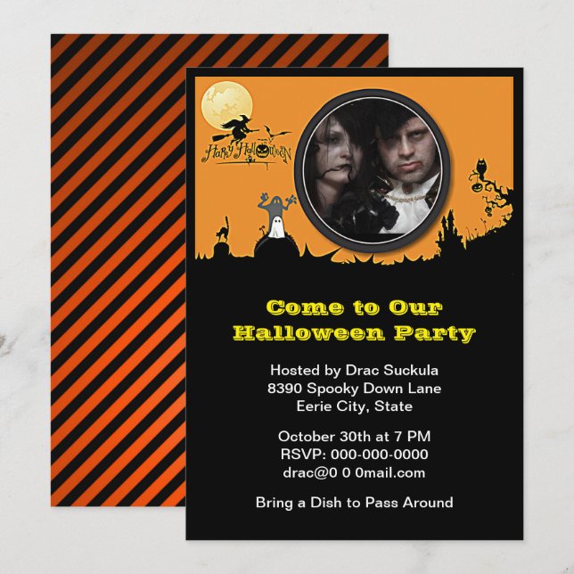 Halloween Party, Witch, Ghost, Cat, Add Your Photo Invitation (Front/Back)