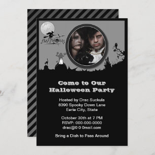 Halloween Party, Witch, Ghost, Cat, B&W Add Photo Invitation