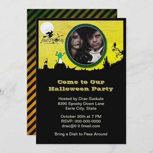 Halloween Party Witch Ghost Cat Owl Add Photo Invitation