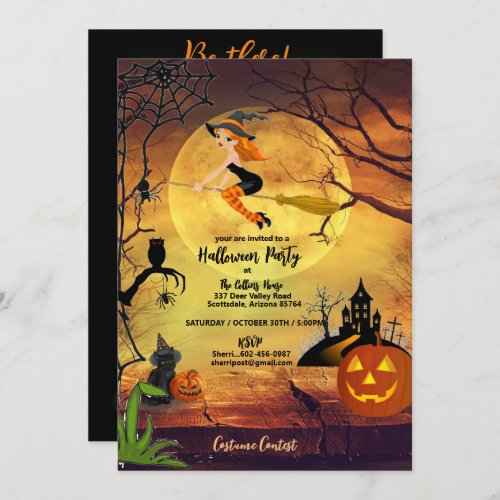 Halloween Party Witch Moon Pumpkin Cat Spider Web Invitation