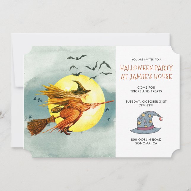 Halloween Party Witch On Broomstick Full Moon Invitation (Front)