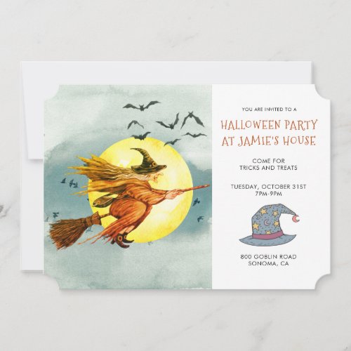 Halloween Party Witch On Broomstick Full Moon Invitation