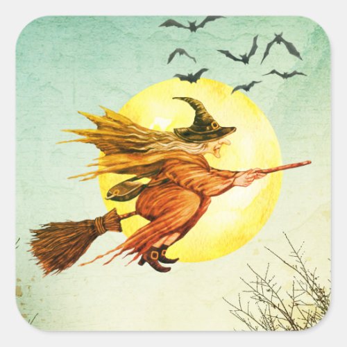 Halloween Party Witch On Broomstick Full Moon Square Sticker
