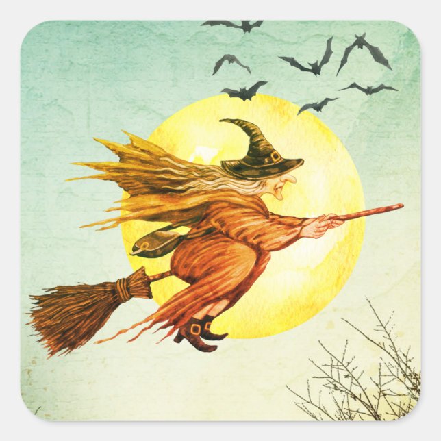Halloween Party Witch On Broomstick Full Moon Square Sticker (Front)