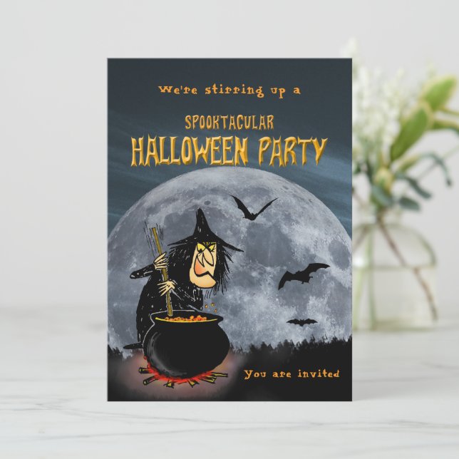 Halloween Party Witch Stirring it Up Invitation (Standing Front)