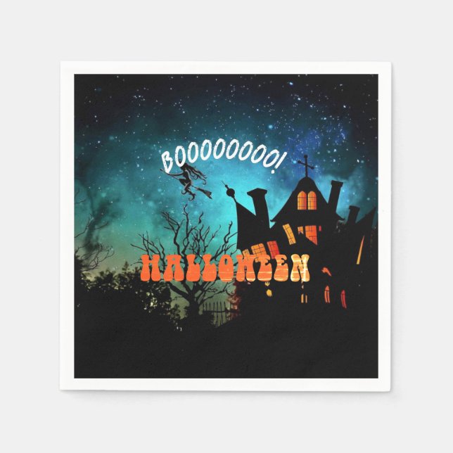 Halloween Party Witches Dark House Orange  Napkins (Front)