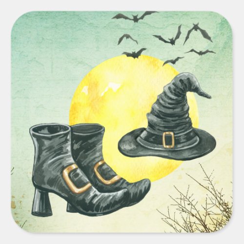 Halloween Party Witches Hat And Shoes Square Sticker