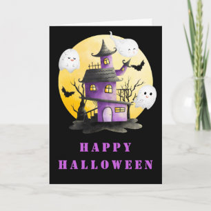 Halloween Party with Haunted House and Ghosts Card