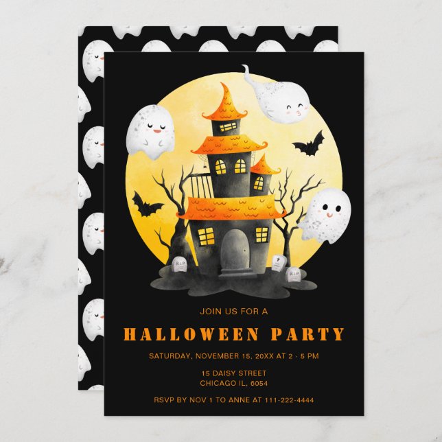 Halloween Party with Haunted House and Ghosts Invitation (Front/Back)