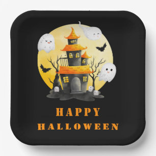 Halloween Party with Haunted House and Ghosts Paper Plates