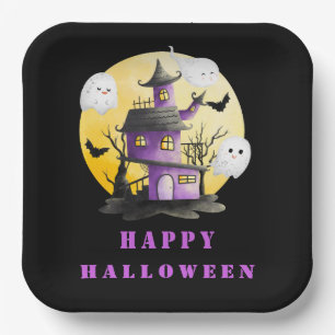 Halloween Party with Haunted House and Ghosts Paper Plates