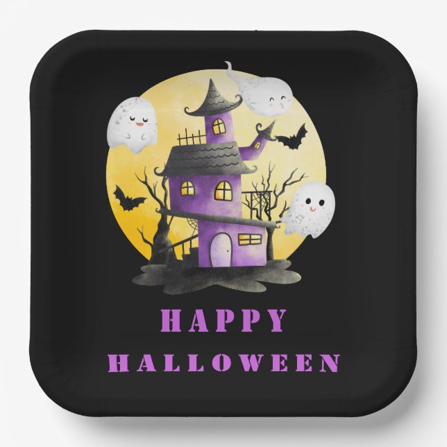 Halloween Party with Haunted House and Ghosts Paper Plates (Front)