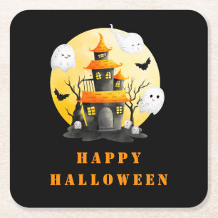 Halloween Party with Haunted House and Ghosts Square Paper Coaster