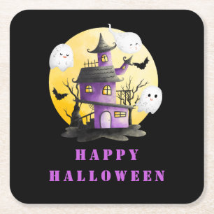 Halloween Party with Haunted House and Ghosts Square Paper Coaster