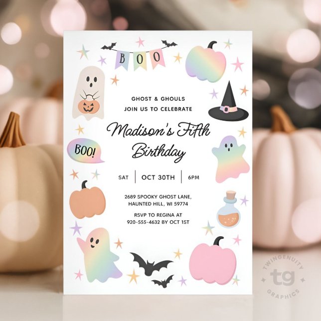 Halloween Pastel Cute Ghost Holographic Birthday Invitation (Creator Uploaded)