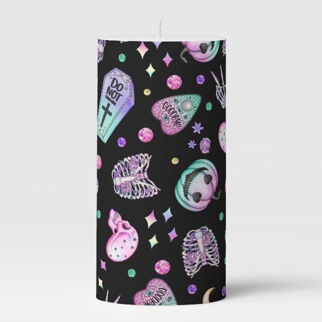 Halloween pastel gothic apothecary and graveyard pillar candle (Front)