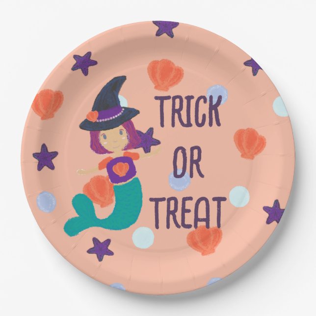 Halloween Pastel Mermaid Witch Trick or Treat Paper Plates (Front)