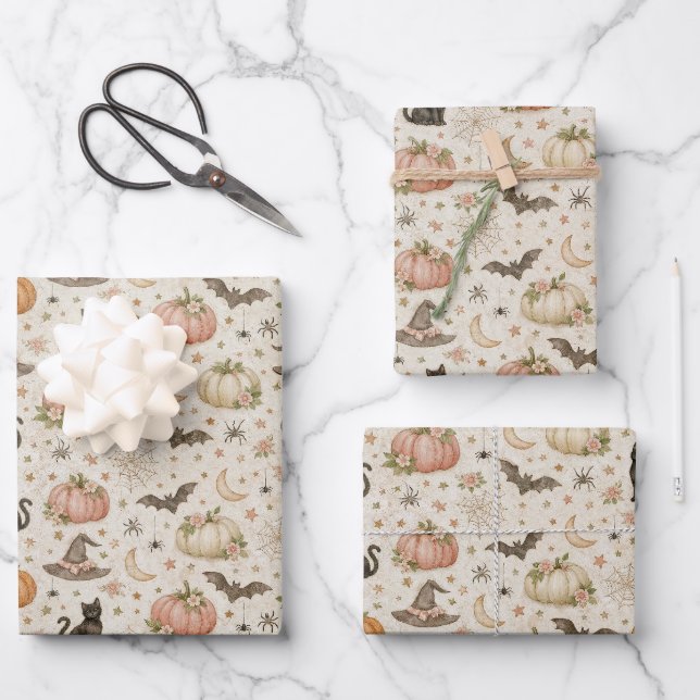 Halloween Pastel Pumpkins Wrapping Paper Sheets (Front)