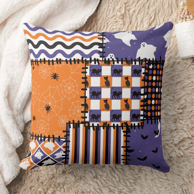 Halloween Patchwork Cats Ghosts Throw Pillow (Blanket)