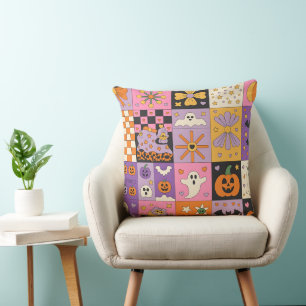  Halloween Patchwork Pattern – Festive Squares  Throw Pillow