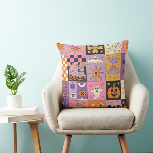  Halloween Patchwork Pattern – Festive Squares  Throw Pillow (Chair)