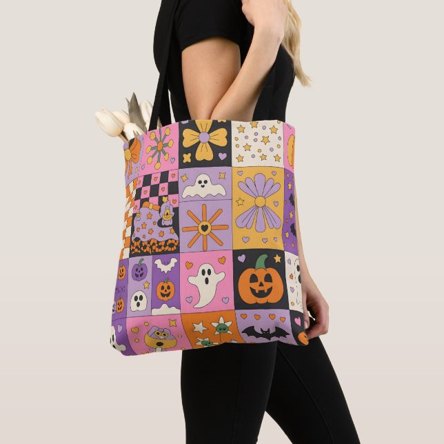  Halloween Patchwork Pattern – Festive Squares  Tote Bag (Close Up)