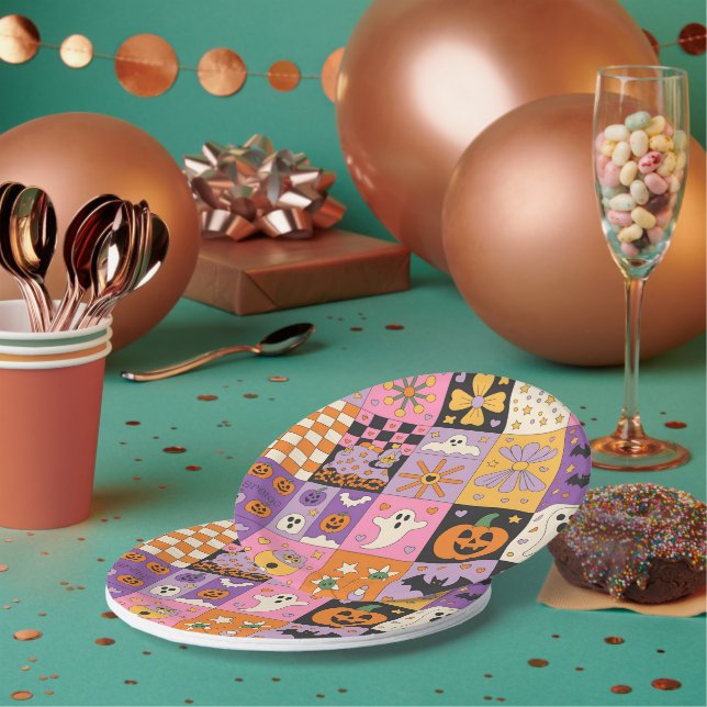Halloween Patchwork Pattern – Festive Squares with Paper Plates (Multi)