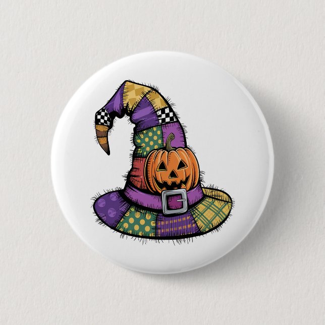 Halloween Patchwork Witch Hat Spooky Button (Front)