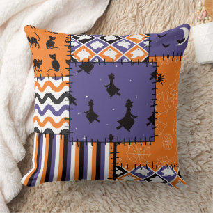 Halloween Patchwork Witches Cats Throw Pillow
