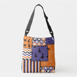 Halloween Patchwork Witches Cats Throw Pillow Crossbody Bag
