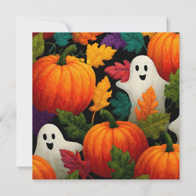 Halloween Pattern Background with Orange Pumpkins Holiday Card (Front)