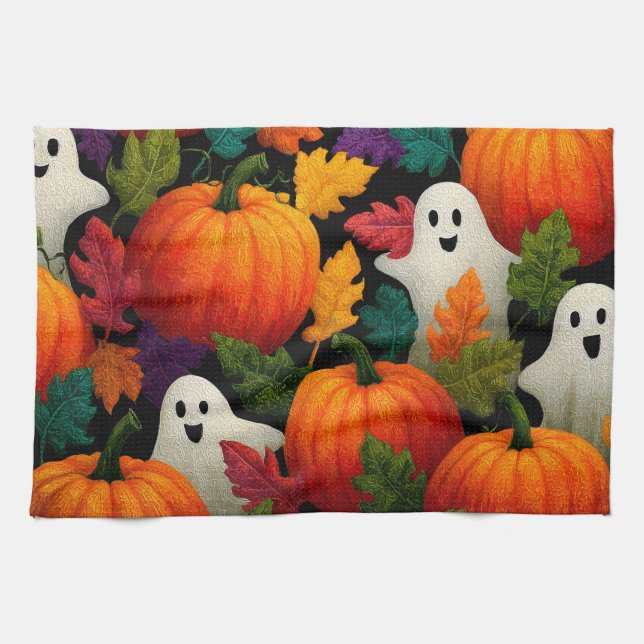 Halloween Pattern Background with Orange Pumpkins Kitchen Towel (Horizontal)