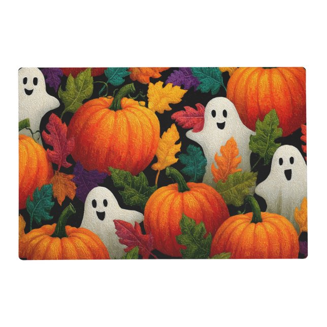 Halloween Pattern Background with Orange Pumpkins Placemat (Front)