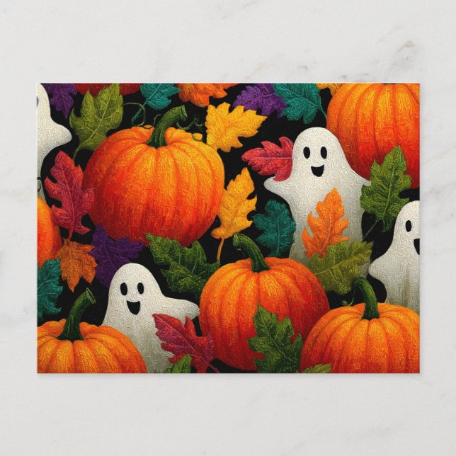 Halloween Pattern Background with Orange Pumpkins Postcard (Front)