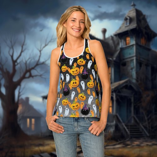 Halloween Pattern Black Glitter Ghost Pumpkin  Tank Top