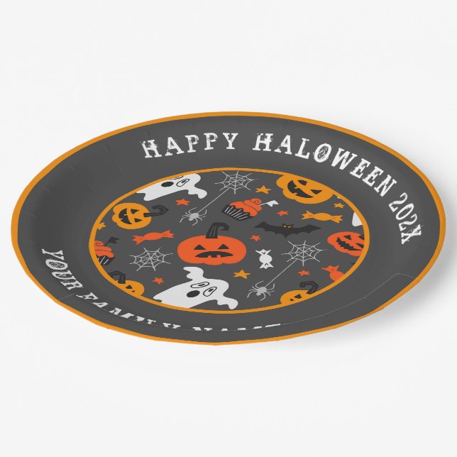 Halloween pattern Custom text Paper Plates (Angled)